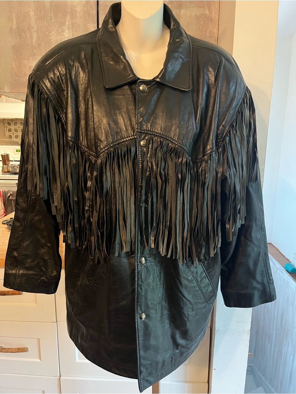 Vintage 90s Black Leather Fringe Western Jacket Made in Canada M